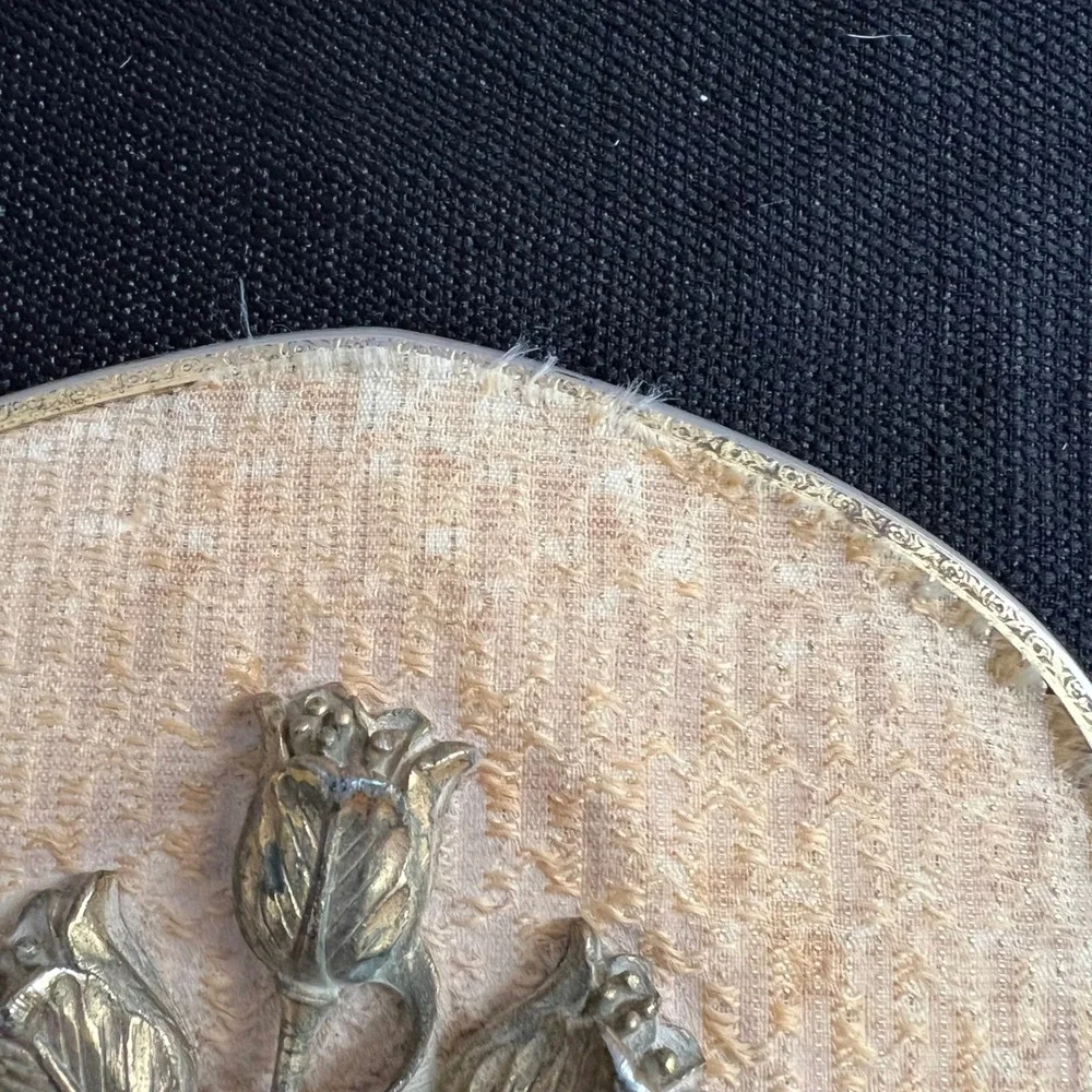 Vintage Gold Filigree Hand Mirror Embroidered Peach Fabric Tulip Victorian Style